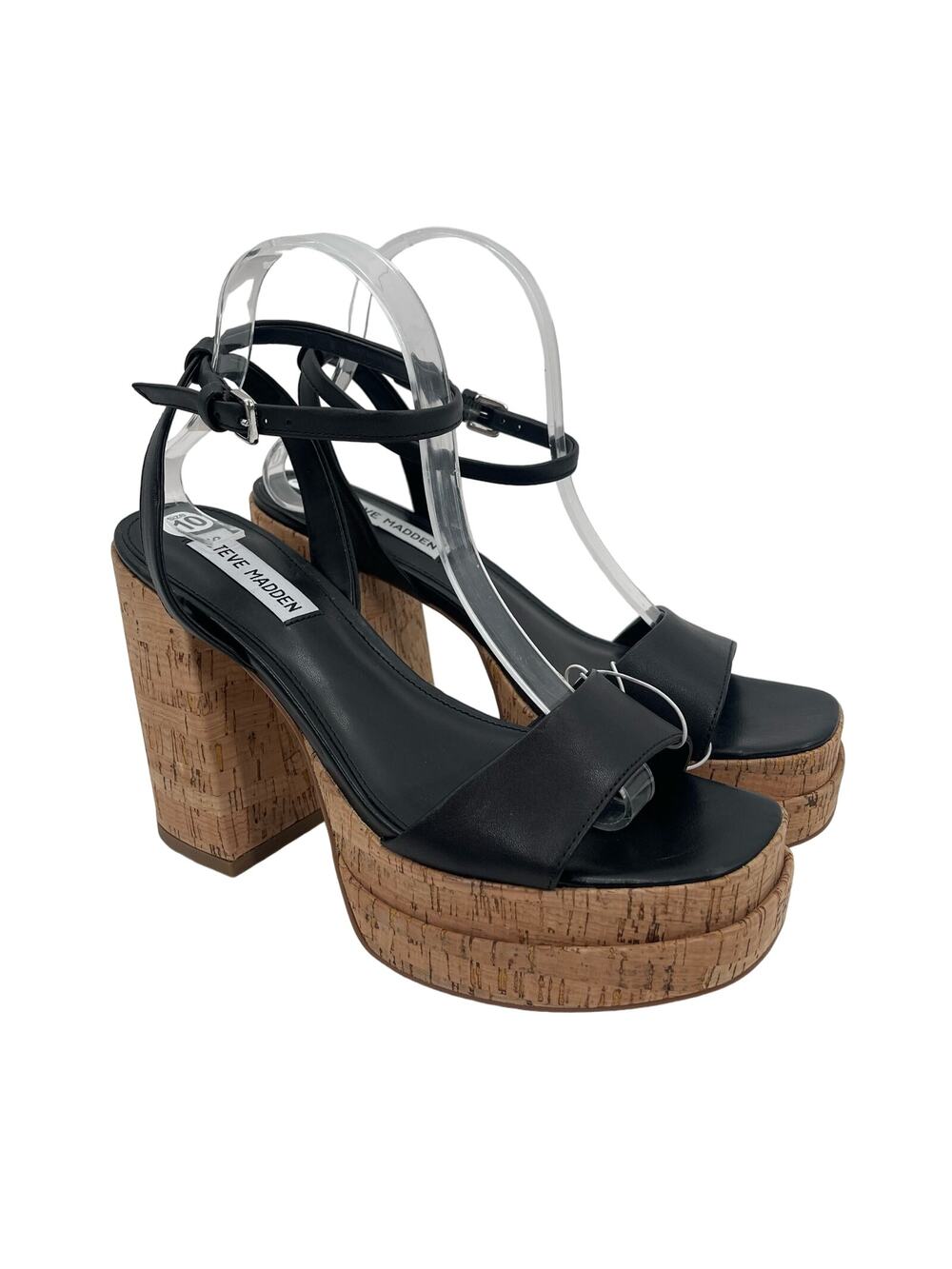 NEW STEVE MADDEN Warped Heels Size 10 Platform Leather Black Cork Y2K Inspired